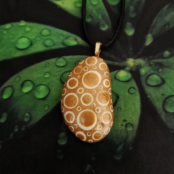 Hand Painted Dot Art Pendant. Gold and Ivory - Picture 7 of 11
